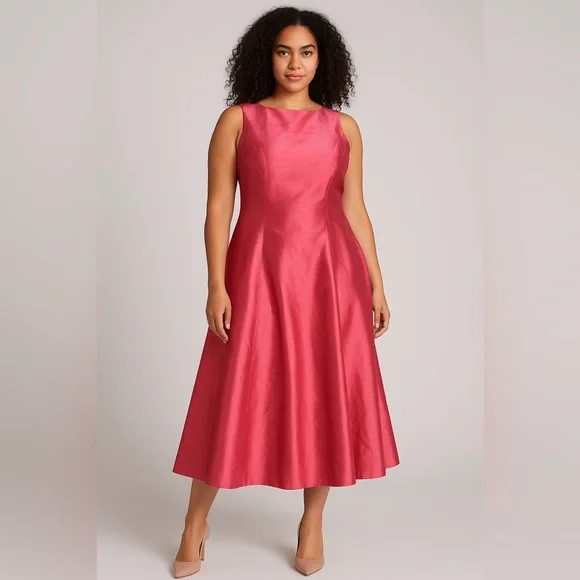 Elda De La Rosa Haute Couture Pink Shantung Silk Sleeveless A-Line Midi Dress L - Picture 1 of 11